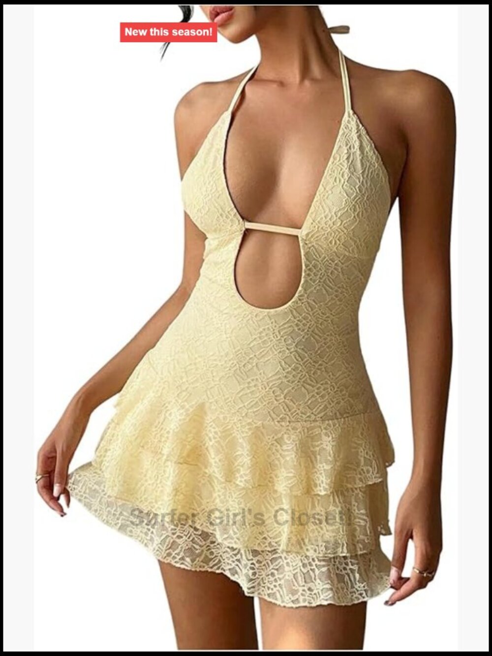 Lace Mini Halter Dress Tie Backless Layered Ruffle Summer Party Dress